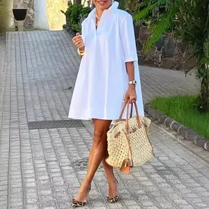 Ladies fashion new urban daily loose white five-point sleeve A-line shirt dress for women Casual Elegant