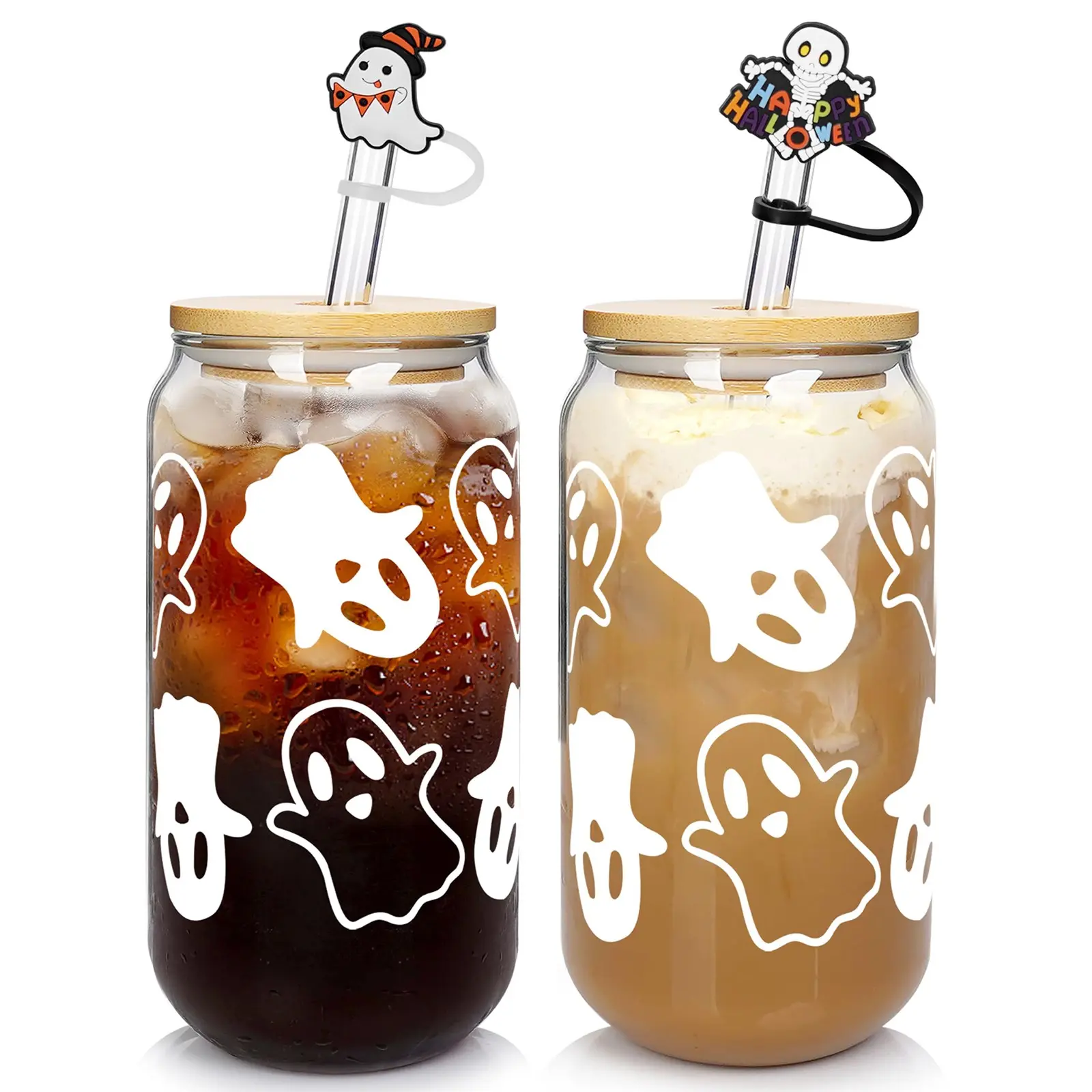 Halloween Mugs - 2counts 16oz Halloween GhostDecorations Glass Cups Tumbler for lced Coffee,Glassware Cookie Jar Decor Gift Drinking Water Bottles, Drinkware Gift