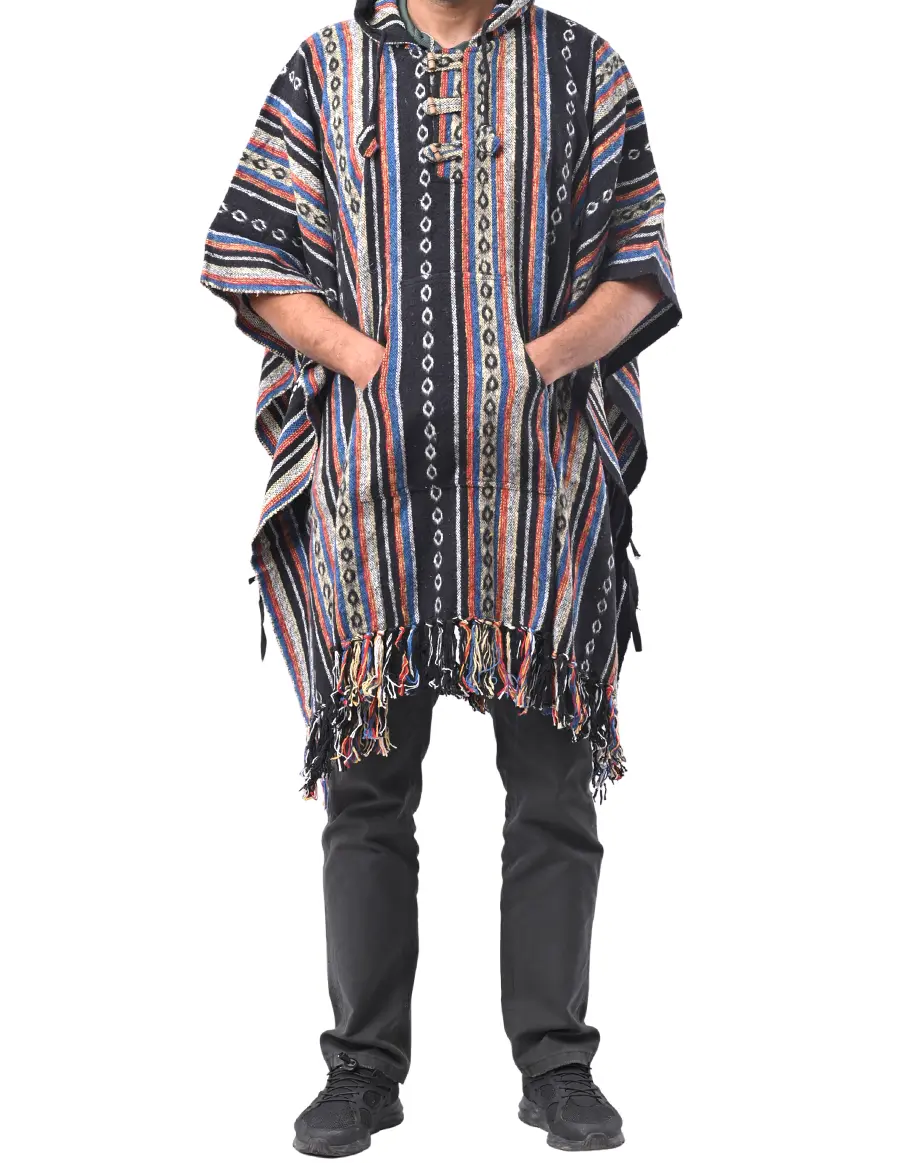 Caravan Closet Men's Striped Baja Hoodie - Stylish, Baggy, Hippie, Relaxed Fit, Classic Mexican Pullover Drug Rug Sweatshirt, Soft Cotton, One Size, Button-Up Closure, Traditional, Casual Menswear Top