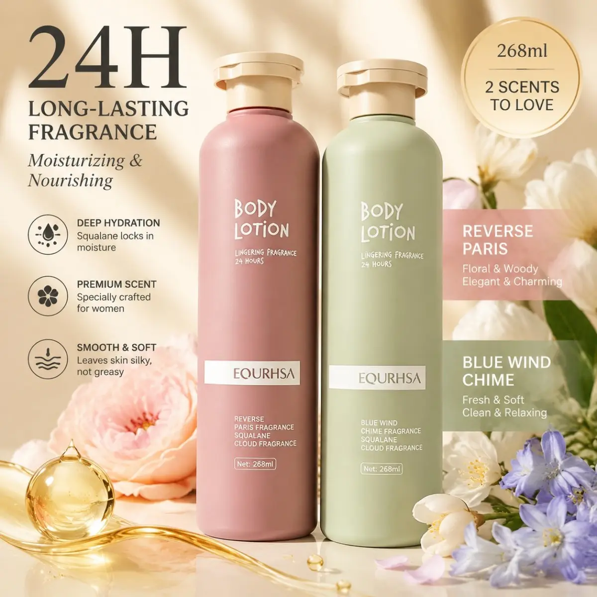 EOURHSA 24-Hour Long Lasting Fragrance Body Lotion – Natural Floral Scent Moisturizing Cream for Soft Skin, Daily Hydration & Smooth Touch – 268ml