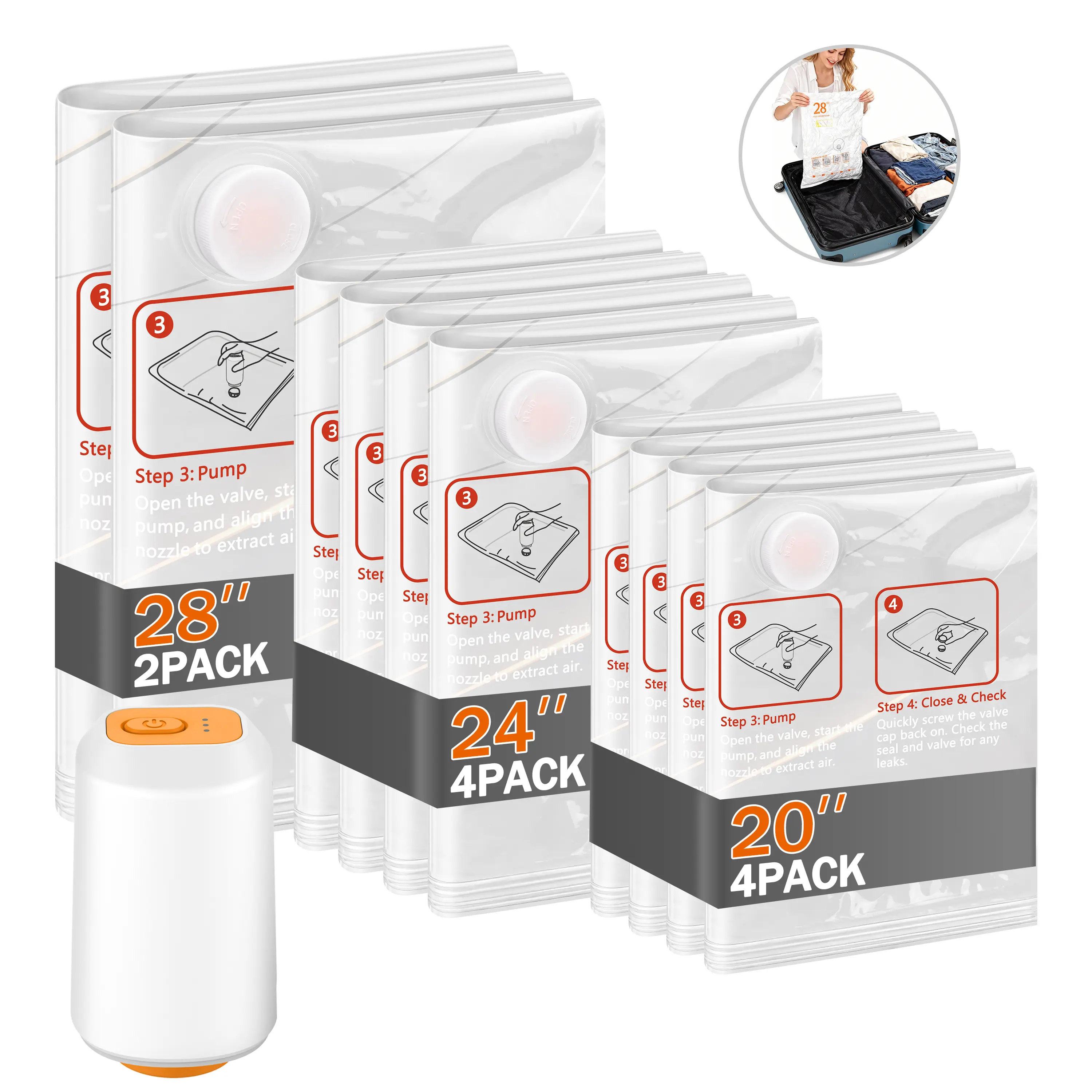 Cordless Travel Vacuum Storage Bags Set with Rechargeable Air Pump, 10 Pack Waterproof & Reusable Compression Packing Bags in 3 Sizes, Space-Saving Vacuum Seal Bags for Clothes & Carry-On