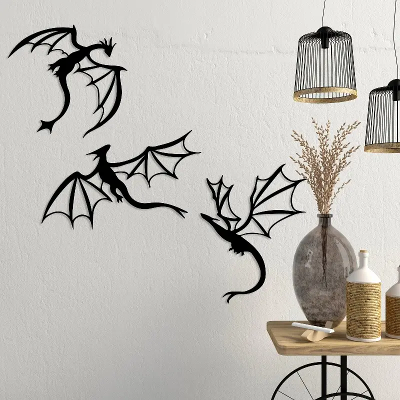 3-piece set of dragon shaped metal wall art, Unique Artwork, Decorative Artwork, Modern home decoration, dragon enthusiast gift, legendary cave fantasy art, metal murals for indoor/outdoor decoration, housewarming gift, men's gift