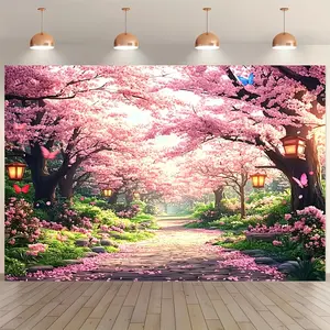 ​1pc Photography Backdrop Spring Cherry Blossom Forest Theme Vibrant Colors High Definition Print Wrinkle Resistant Polyester Fabric No Electricity Needed With Hanging Holes For Garden Party Wedding Anniversary Photo Booth​