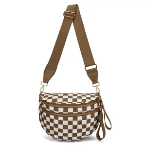 CN6030 Checkered Crossbody Bag Nylon Trendy Spacious Handbags Purse Fanny Packs with Shoulder Strap for Women Plus Size Crescent Shape Ideal for Everyday Use and City Outings