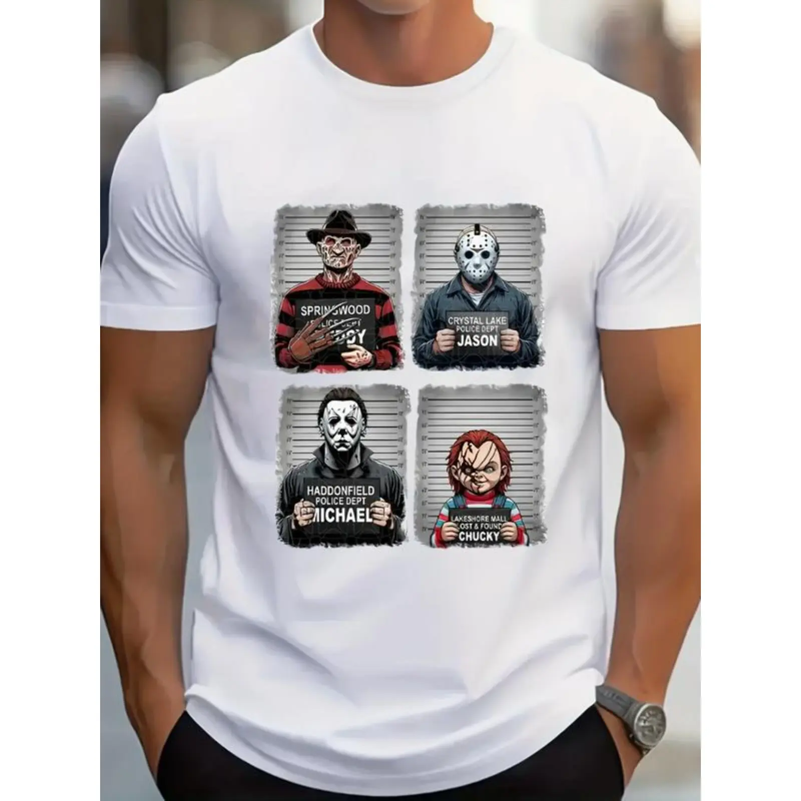 Men's Cotton Short-Sleeve Round Neck Graphic T-Shirt - Horror Icons (Jason, Michael Myers, Pennywise) Black Print White Tee, Breathable Streetwear for Halloween Costume & Casual Everyday Menswear Tops