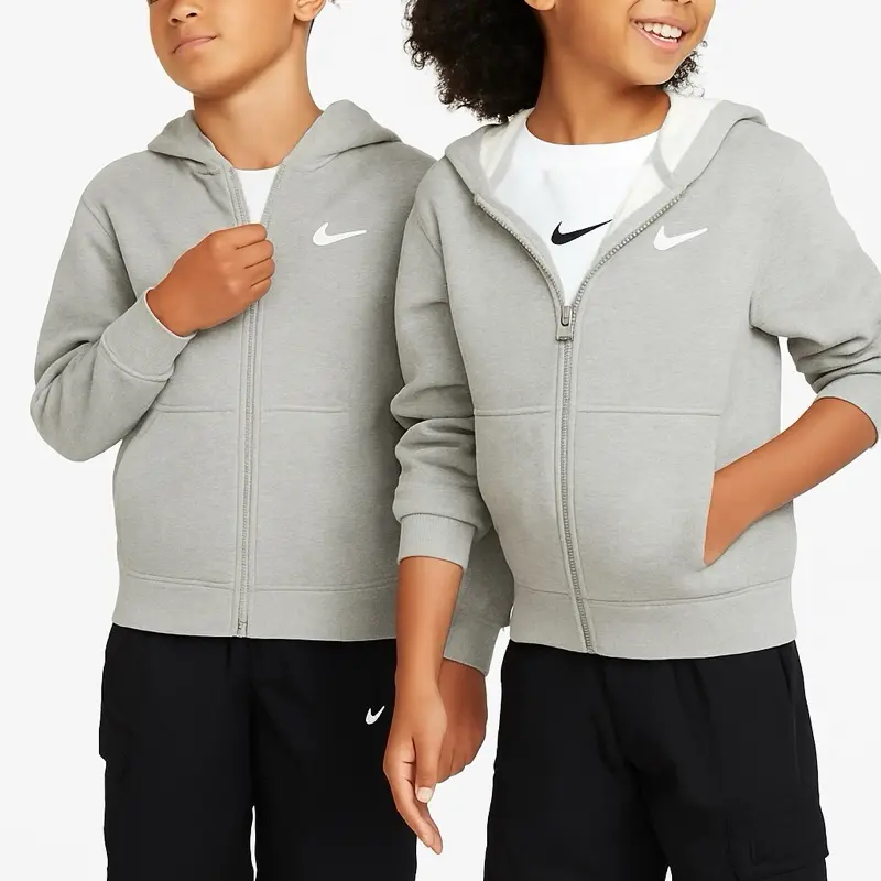 NIKE Youth Club Fleece Full-Zip Hoodie, Unisex Plain Casual Long Sleeve Sweatshirt with Ribbed Hem - Heather Grey, Sweatshirts, Zip Up Hoodie, Fabric, Adjustable, Longsleeves, Kangaroo Pockets