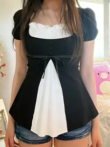 Y2K Patchwork Baby Doll Tops, Womenswear Folded Collar Bubble Sleeve Color Block A-Line Casual Spring Summer Streetwear T-Shirt, Slim-Fitting, Fitted