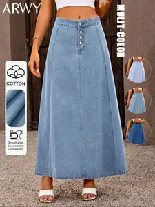 Women's Solid Color Button Fly Denim Skirt, Casual Fashion Skirt for Daily Outdoor Wear, Womenswear