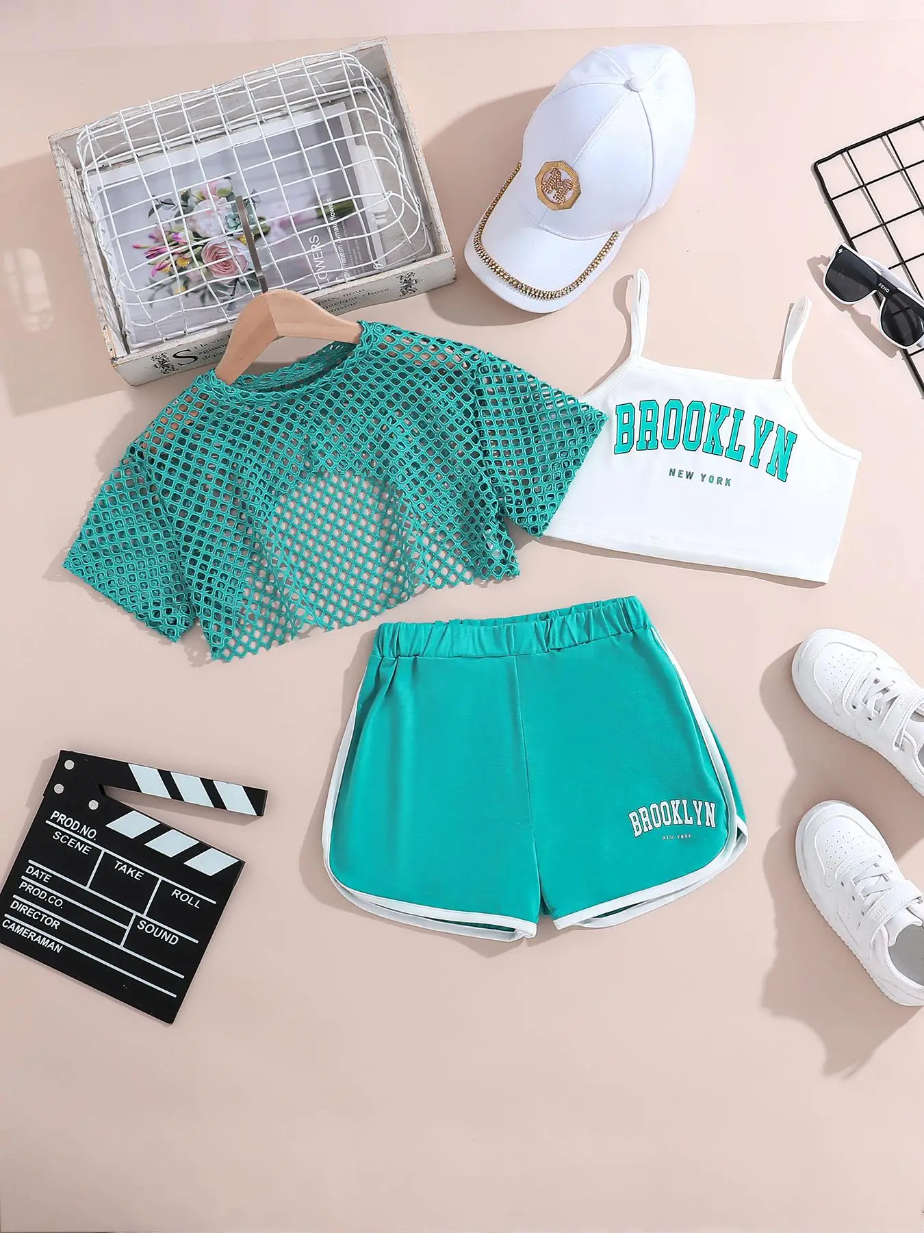 Girl's Letter Print Crop Cami Top & Contrast Binding Shorts & Mesh Cover Up Top Set, Casual Camisole & Shorts & Hollow Out Top, Kids Summer Clothes