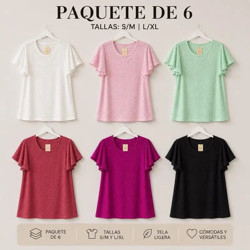 Women’s Eyelet Flutter Sleeve Top, Pack of 6 – Available in S/M and L/XL Blouse Shortsleeve Womenswear Shirts