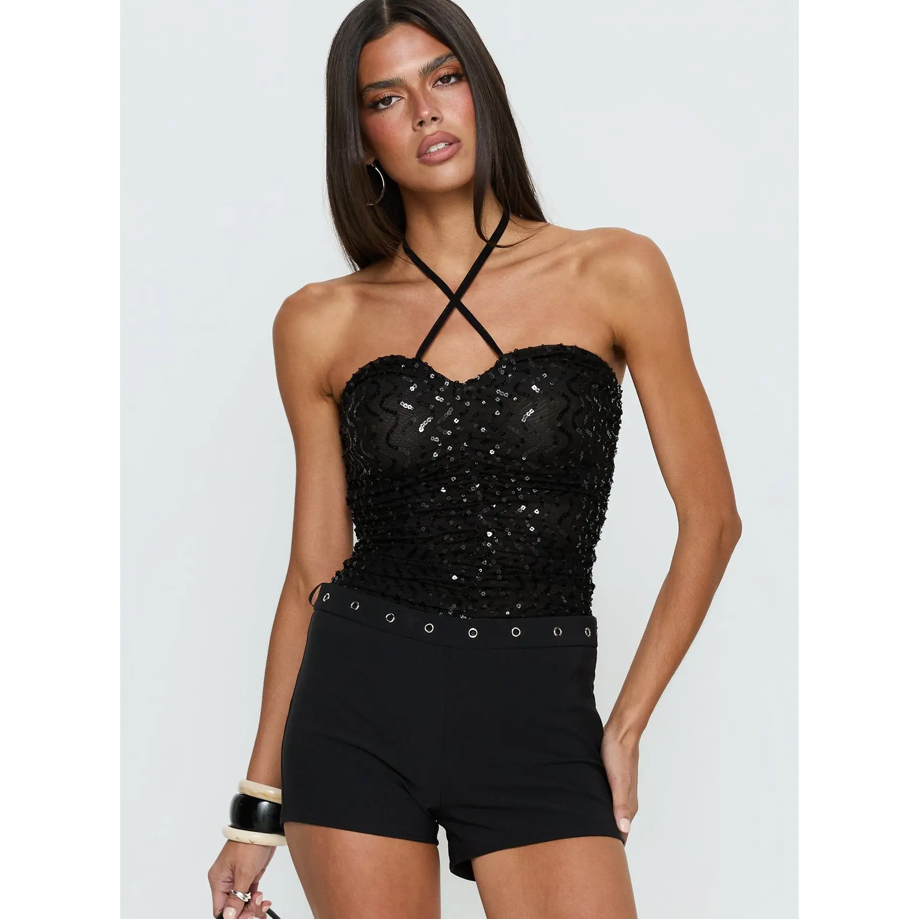 Edana Ruched Sequin Bodysuit Black