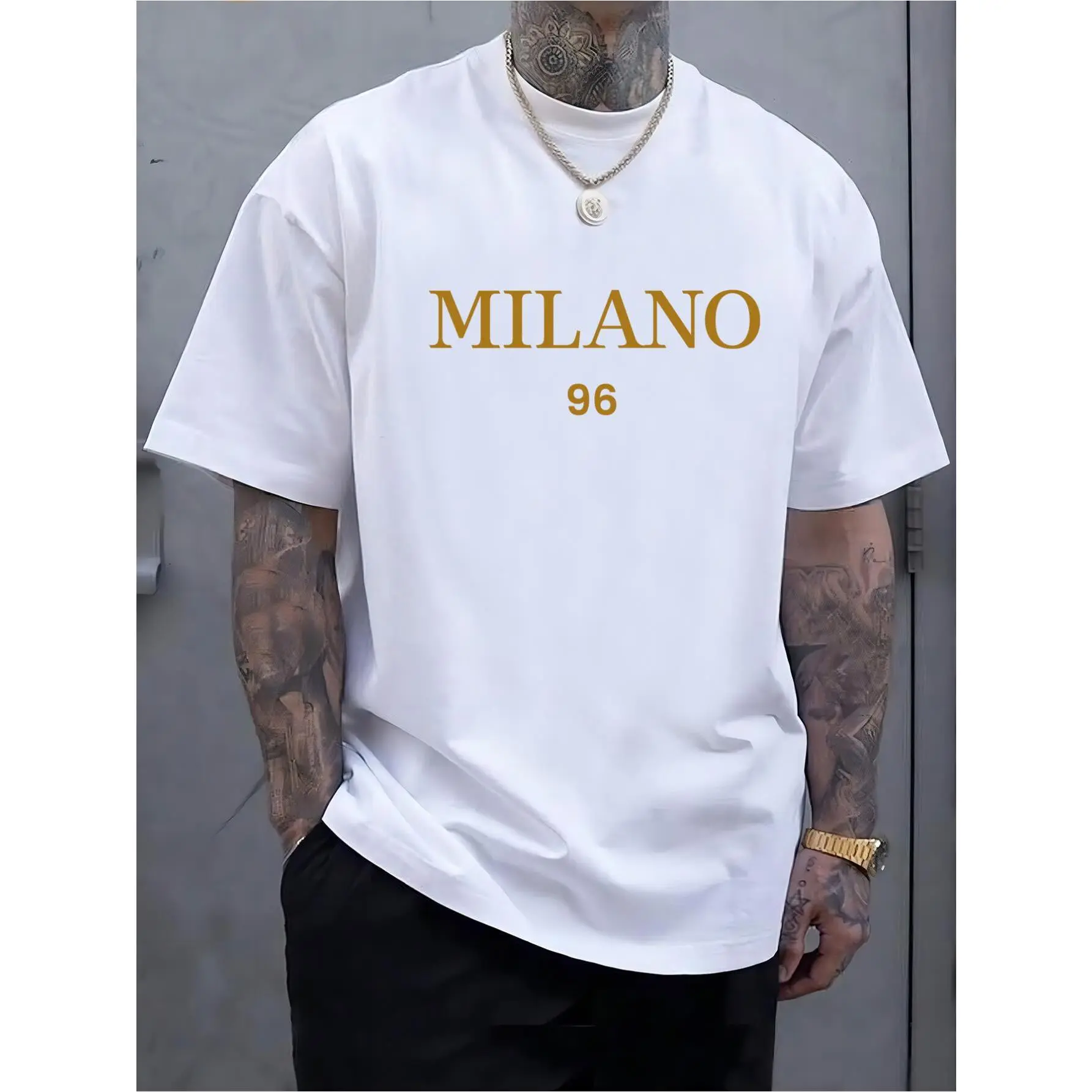 Men's  Short-Sleeve Round Neck T-Shirt - Classic Soft Fabric, Gold Foil Milano Print, Breathable Minimalist Sports Top, Summer Streetwear, Unisex Gift, Tropical White Gym Shirt, Shortsleeve, Plus Size, Menswear, Graphics, Casual, Tshirt