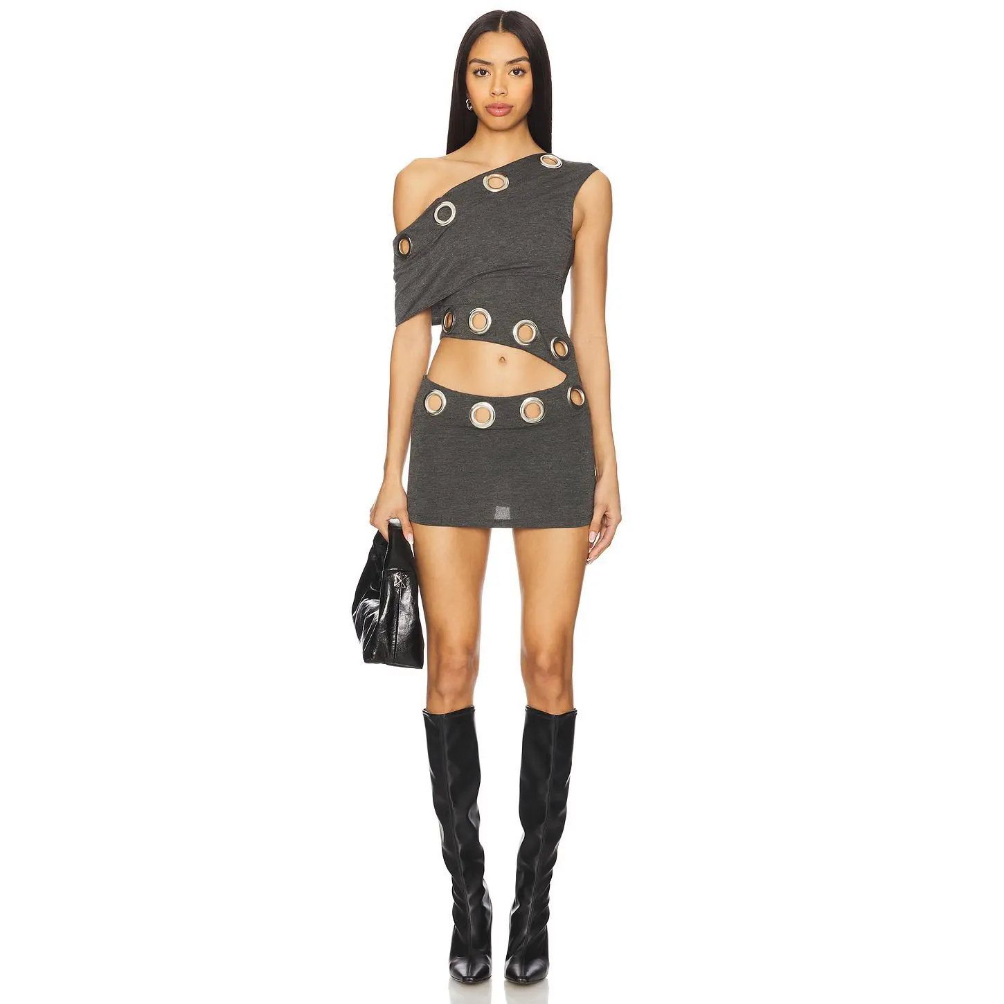 Jaded London Asymmetric Eyelet Dress in Dark Grey
