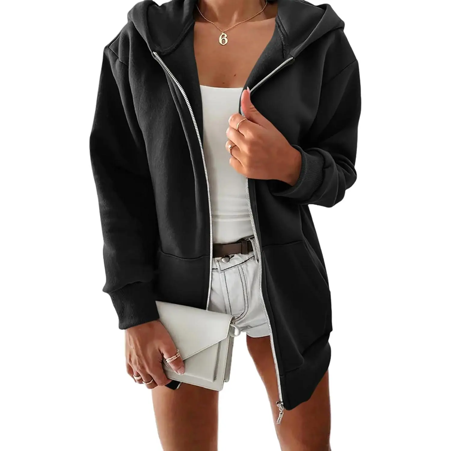 Yousify Women Casual Full Zip Up Plush Hoodie Comfy Loose Solid Sweatshirt Long Sleeve Jacket with Pockets