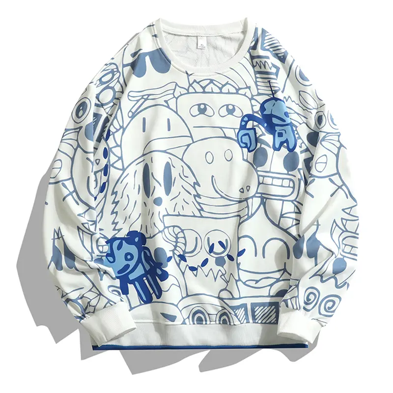 Men's Streetwear Sweatshirt with Vibrant Graffiti Cartoon Print, Casual Polyester Crew Neck Top for Couple Match Sets, Polyester Fabric, Cartoon Style, Streetwear Vibe With A Playful Twist, Vibrant Graffiti Print Sparks Smiles, Animated Character Element,
