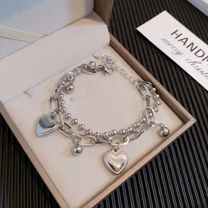 2PCS Titanium Steel Bracelets Double Layer Hip Hop Heart Fashion Metal Cool Style New Trendy Jewelry for Fashion Lovers and Hip Hop Enthusiasts