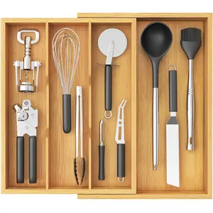 Lifewit 4 Compartments Bamboo Utensil Drawer Organizer, Expendable Cooking Silverware Tray for Kitchen Drawer