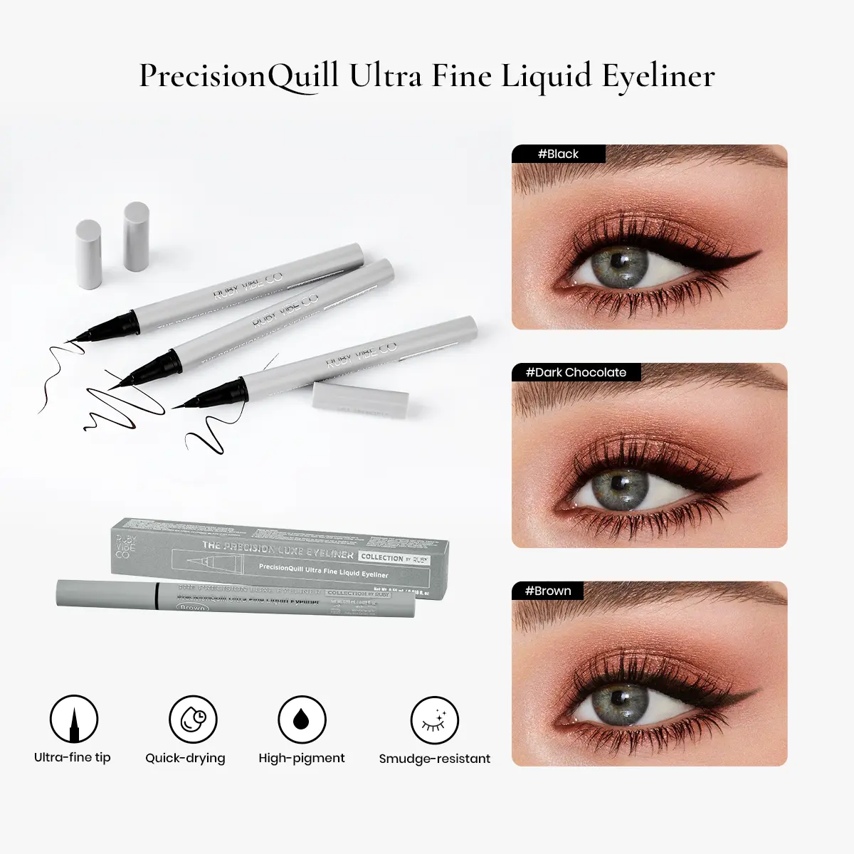RUBY VIBE CO PrecisionQuill Ultra Fine Liquid Eyeliner Pen, Black Liquid Eyeliner, Smudge Proof Liquid Liner, Quick-Drying Precision Tip for Long Wear Eye Makeup