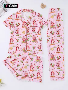 3-Piece Strawberry Girl Cute Women's Casual Fitted Print Pajama Set, Short Sleeve Button-Up Top, Elastic Shorts and Pants, Comfortable Home Wear