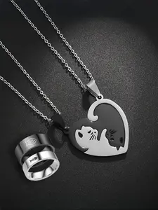 Cute Cat Design Pendant Necklace & Ring & Bracelet, Stainless Steel for Women & Men, Trendy All-match & Exquisite Matching Jewelry Set for Birthday Gift
