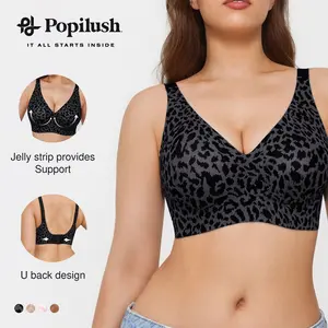 Popilush Cooling Bra Seamless Wireless Leopard Jelly Bra – Strapless V-Neck One-Piece Molded Cup, Comfortable Supportive Fit for Women