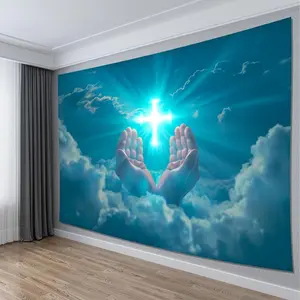 1 Piece Hands Prayer & Cross Tapestry - Soft Wrinkle Resistant Polyester Fiber Wall Art, Suitable for Indoor and Outdoor, Living Room, Bedroom, Office Spiritual Atmosphere Decoration, Multi-size Optional, Prayer Room Decoration, Meditation