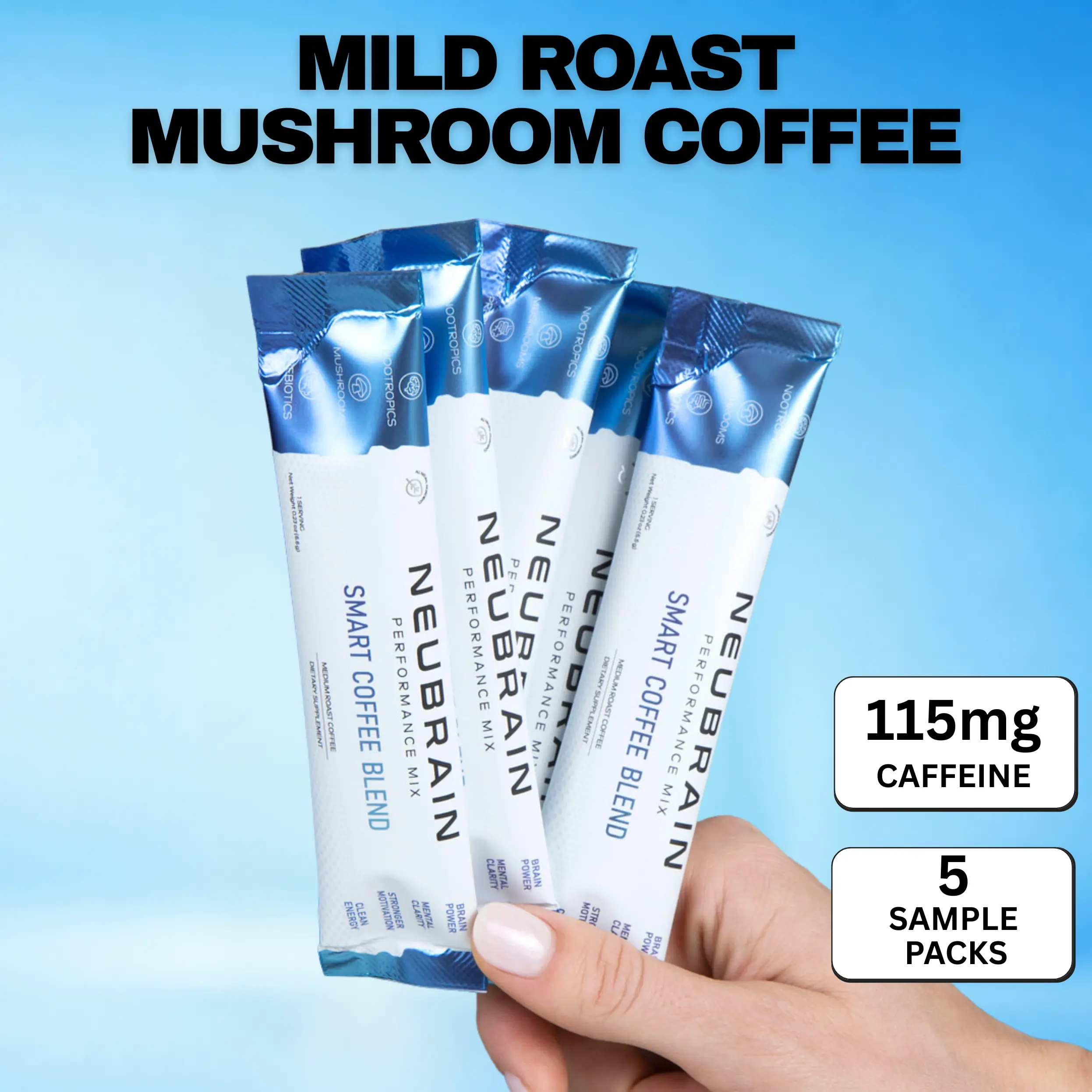 Neubrain Smart Coffee Sample Pack (5 Servings) | Medium Roast Mushroom Coffee, Arabica Blend with Alpha-GPC, Lion's Mane & L-Theanine for Focus, Calm Energy & Clarity, No Jitters | 5 Mushroom Fruiting Body Extract | Gut Friendly Low Acid Blend Coffee