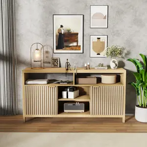 Fluted TV Stand for 65 Inch TV, Mid Century Modern Entertainment Enter with Storage, Slim Tall Wood Media Console Table for Living Room/Bedroom/Apartment