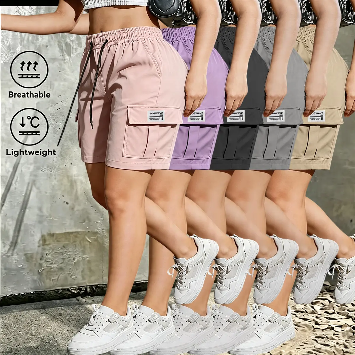 5-pack women’s solid-color casual cargo shorts with adjustable waistband and multiple pockets; machine washable for spring, summer, and autumn; comfortable for everyday wear; sporty casual style with functional design.