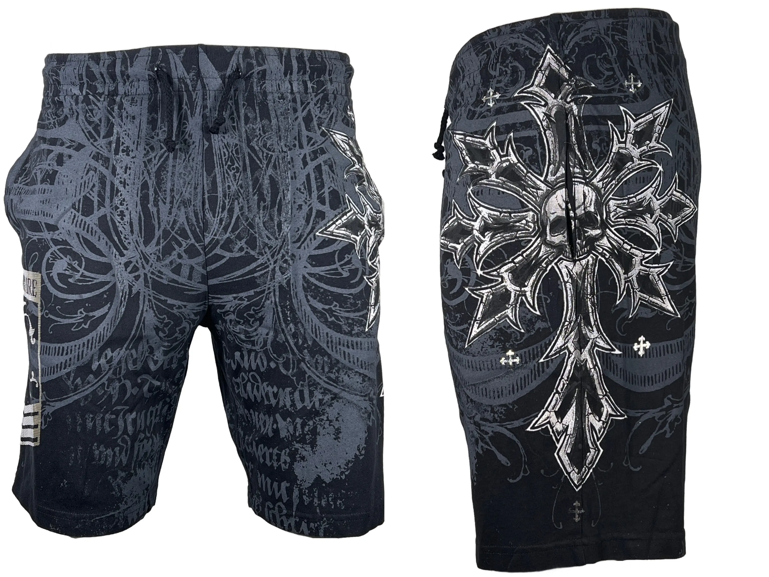 Xtreme Couture By Affliction Men's Graphic Spartan Cotton Sweat-Shorts, Casual Menswear, All Seasons, 3XL (41-43) Black, Sweatshorts, Mid Waist, Cold Wash, Bold Pattern Men's Shorts, X643, Seam Pocket