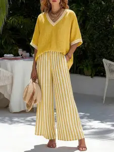 European and American Women's Fashion, V-Neck Linen-Like Top + Striped Wide-Leg Pants, Casual Vacation Set, Chic, Comfortable and Stylish