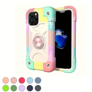 Hard Protective Case, Colorful Silicone PC Mobile Phone Case, Compatible with iPhone 16 15 14 13 12 11 Pro Max Plus, with 360° Rotating Ring Bracket, Full Body Drop-Proof And Durable Three-In-One Protective