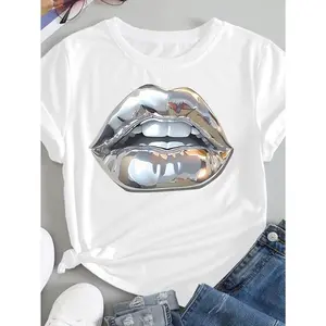 Retro Chrome Lips T-Shirt - White Short Sleeve Top Featuring a Glossy Metallic Lips Design, Round Neck Casual Wear for Summer, Outdoor Activities & Gift Ideas - Machine Washable Digital Print Shirt