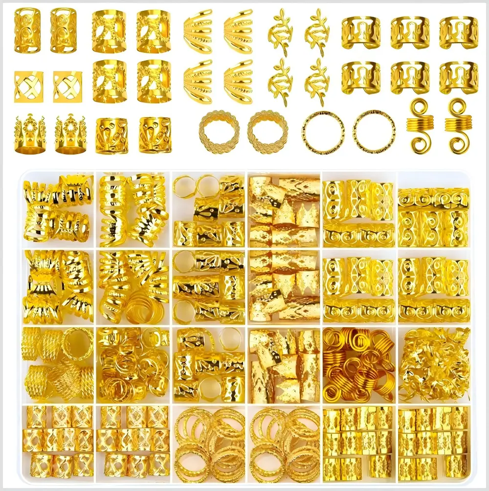 280PCS Bling Hair Jewelry Accessories for Women, Multi-Style Adjustable Gold Metal Hair Cuffs Beads for Braids Dreadlocks, Flexible Funky Fashion Hair Decor, Can Be Worn as Bracelets & Earrings for Party Daily Events
