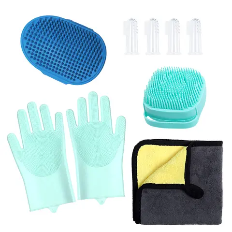 9-in-1 Universal Pet Bathing & Grooming Kit for Dogs, Cats - Massage Skin Brush, Shower Gel Storage, Shampoo/Conditioner Dispenser, Soft Bristles Silicone Brush, Clean Finger Toothbrushes, random