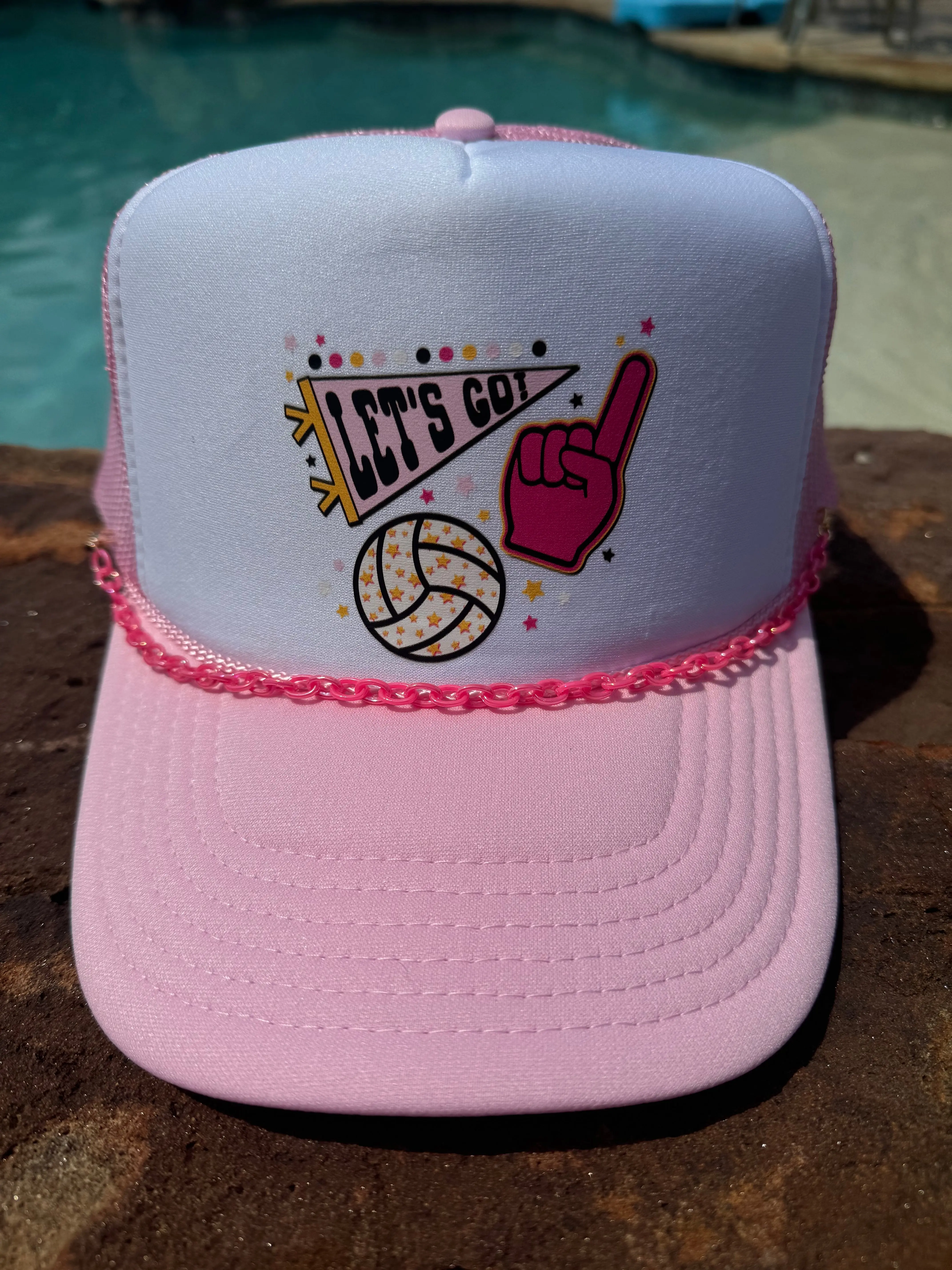 Let's Go Volleyball Trucker Hat - Pink with White Front Panel, Pink Brim, and Pink Strap