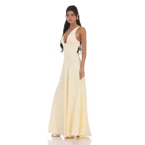 Satin Plunge Neck Corset Maxi Dress in Yellow