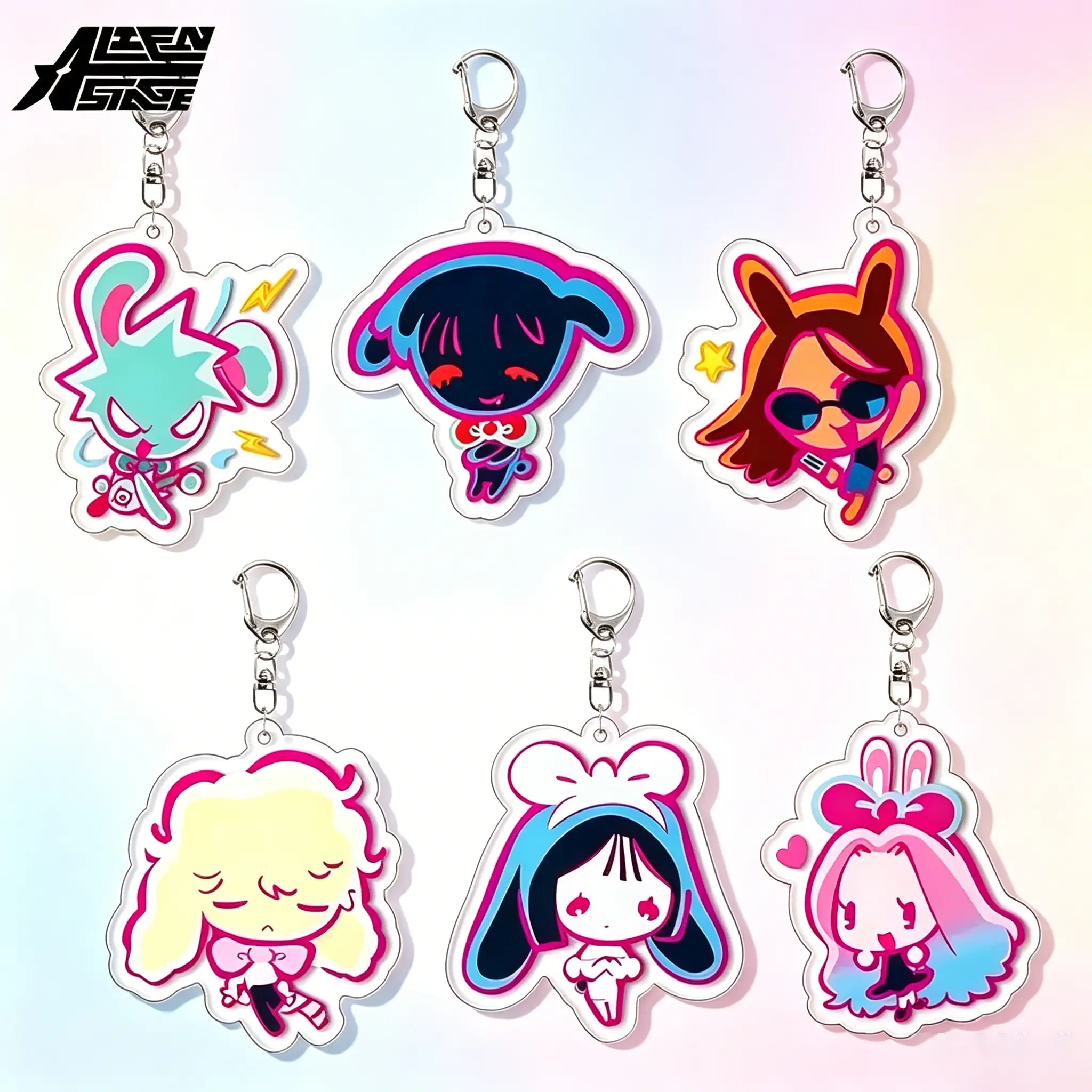 6Pcs Alien Stage Stained Glass Acrylic Keychain Full Set, Limited Korea Rabbit Cafe Collection ALNST Merch, Cute Backpack Bag Charms, Complete Character Figure Pendant Gift for Fans