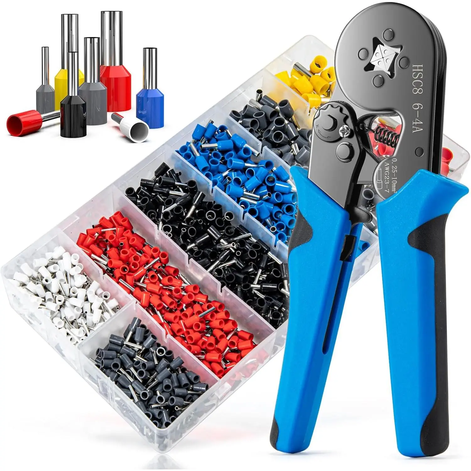 Ferrule Crimping Tool Kit,  Crimper Plier with 1250 count Wire Ferrules Kit Wire End Terminals, Self-adjustable Ratchet Tool Set for AWG 23-7  connectors, 0.25-10mm2