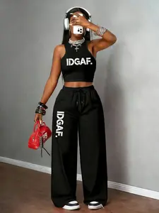 Women's Casual Two-Piece Set, Round Neck Slim Fit Tank Top + High Waist Straight Leg Pants, Letter Print, All Seasons Sportswear, Casual Workout Loungewear, Sports Clothing Set, All Season Activewear, Sports Outfits