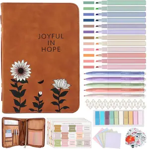 Leather Bible Cover Case with Durable Handle Quilted Journaling Kit Christian Gift for Women and Teens Highlighters Ballpoint Pens