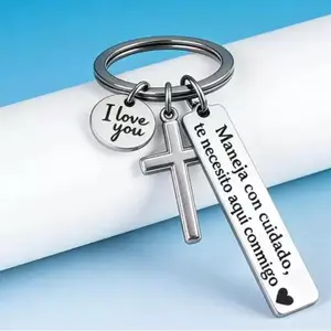 Safe Driving Reminder Keychain, Maneja con Cuidado Cross Charm Keyring, Valentines/Birthday Gift for Him