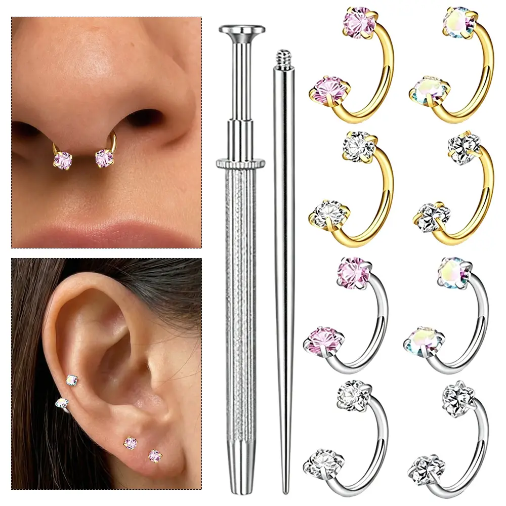 8 Pcs Horseshoe Nose Ring Septum Hoop Set with Piercing Taper & Ball Grabber Tool, Zircon Inlaid Stainless Steel Body Piercing Jewelry for Women Nose Ear Cartilage Piercing