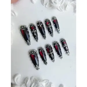 Gothic Wine Red Stiletto Press On Nails with Silver Cross Charms & Chrome Borders | Dark Y2K Punk Armor | Handmade Gel Set Nail Art Kit Nail Box