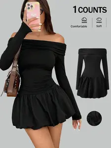 Women's Off Shoulder Ruffle Trim Dress, Solid Long Sleeve Mini Dress for Party Club Dating Wear, Ladies Clothes for All Seasons