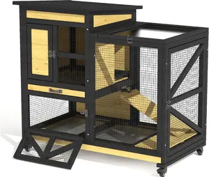 TIMHAKA 46.7" Elevated Rabbit Cage with Run Indoor & Outdoor Use Wooden Design 2 Removable Tray Waterproof Roof 4 Metal Wheels for Small Medium Animals