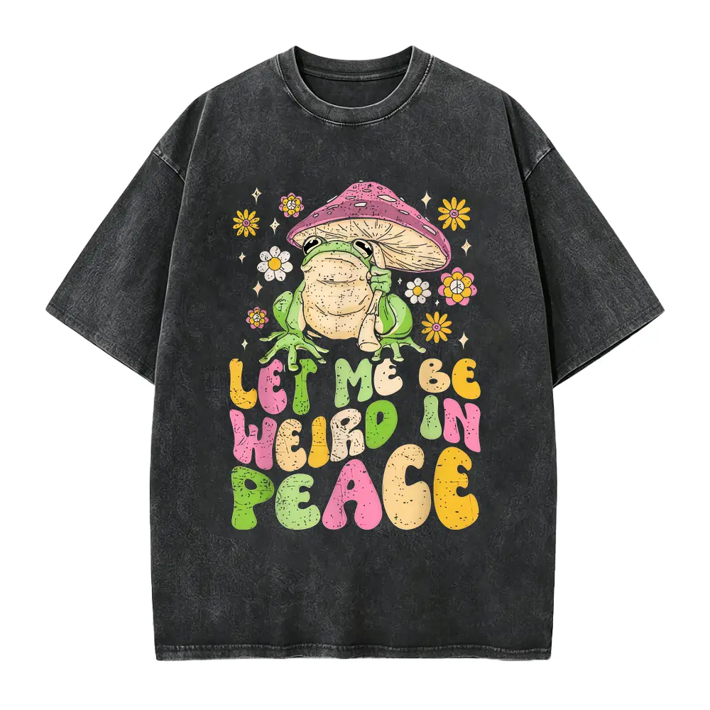 Let Me Be Weird In Peace Cute Goblincore Frog T-Shirt - Unisex Adult Retro Graphic Tee with Whimsical Frog & Mushroom Design, 220gsm Heavyweight Pure, with Multicolor Print, All-Season Casual Wea, PLUS SIZE