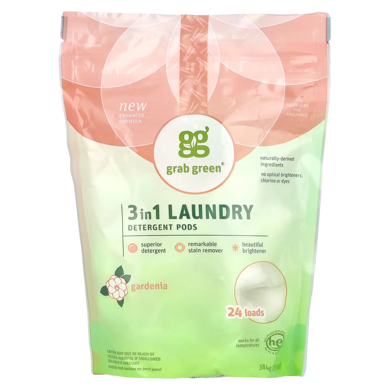 Grab Green 3-in-1 Laundry Detergent Pods, Gardenia, 24 Loads, 13.5 oz (384 g)