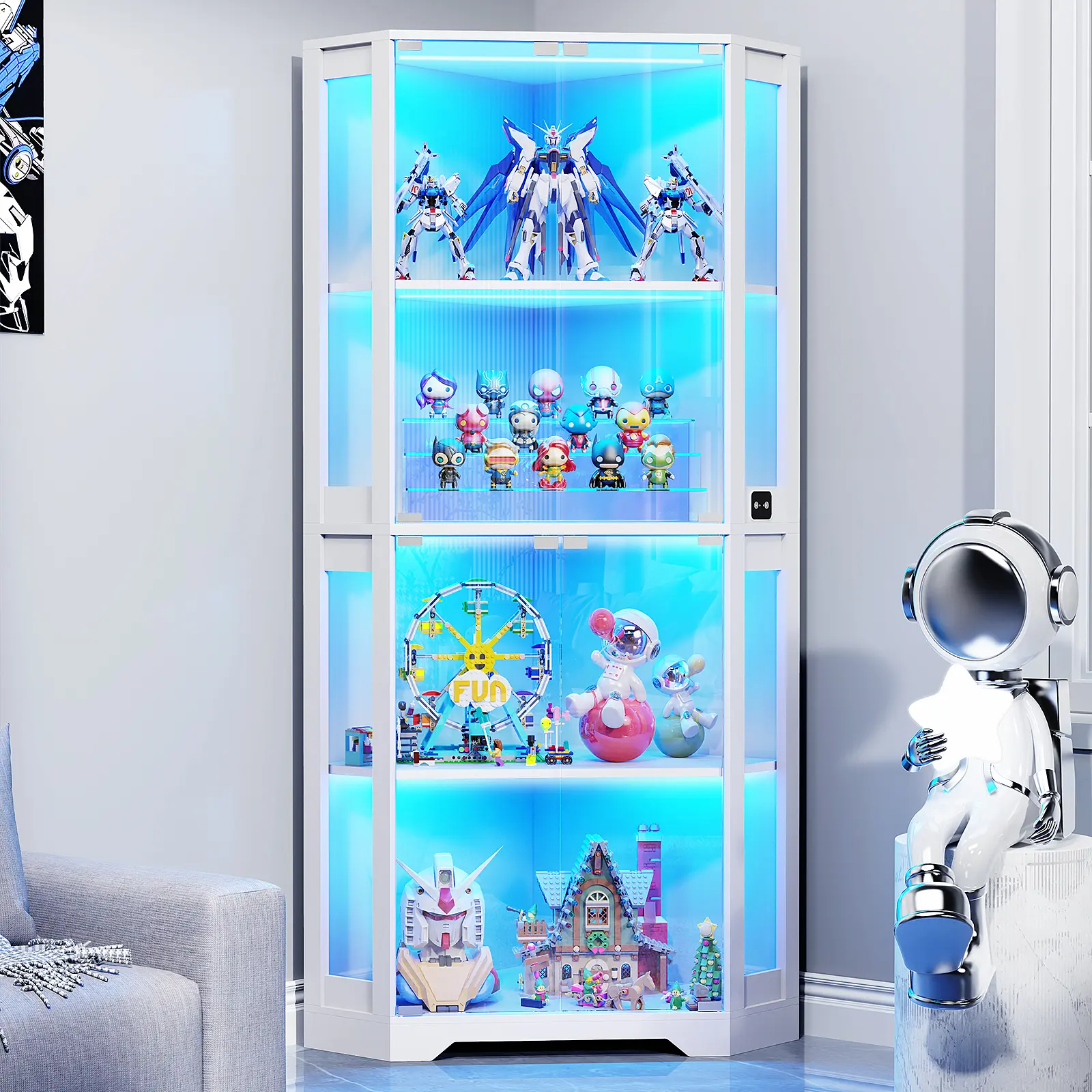 MIIFUNY Corner Display Cabinet with Glass Doors, 65" Lighted Curio Display Case with 3 Color Lights for Collectibles, 4-Tier Bookcase with Human Body Sensor for Living Room, White