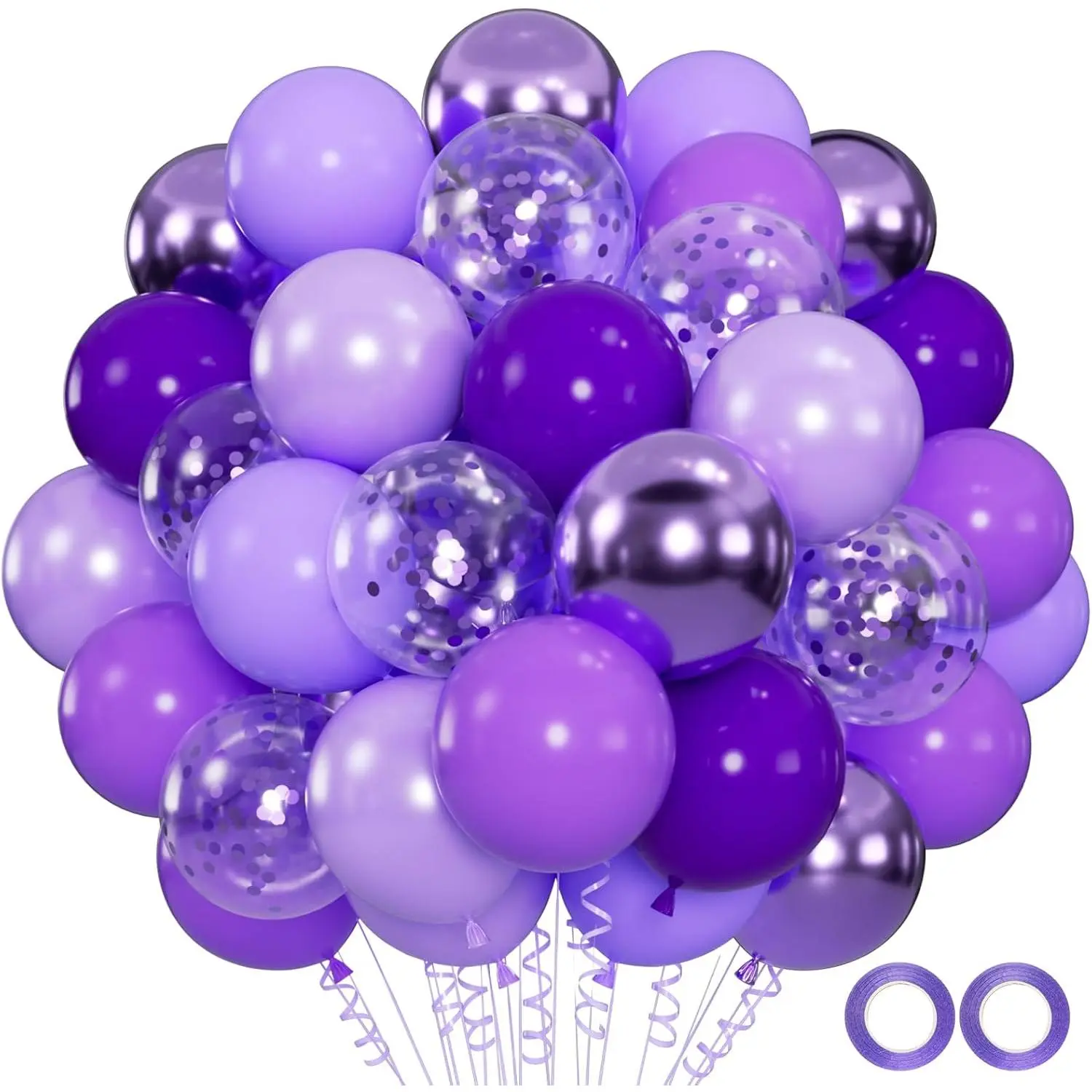 100pcs Purple Balloon Bouquet Kit - 12in Metallic Chrome, Lavender Lilac, Pearl, Flower & Confetti Styles with Magical Light, 66ft Ribbons for Wedding, Princess Birthday Parties, Balloon Decor